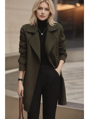 Barbora Kaşe Kadın Şık Tasarım Yaka Kaban ve Kemer