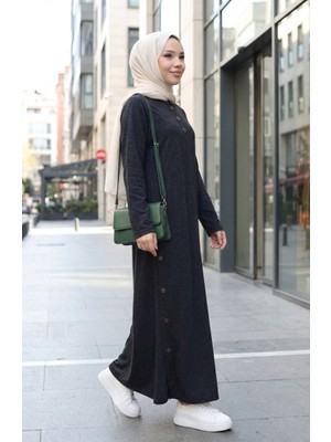 Örme Kumaş Kışlık Düğme Detaylı Tesettür Elbise 2183-04 Siyah