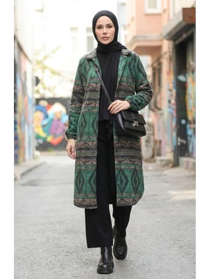 Etnik Desenli Düğmeli Kışlık Kap 2500-04 Zümrüt Yeşili Vizon