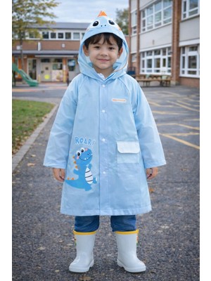Erkek Çocuk Dinozor Desenli Şapkalı Yağmurluk Mavi