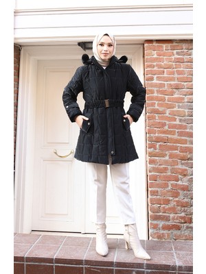 Sefa Merve Büyük Beden Kapüşonlu Kemerli Mont 6345-01 Siyah