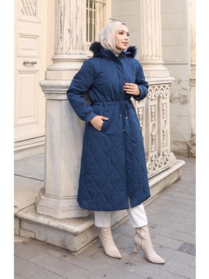 Büyük Beden Beli Bağcıklı Kapüşonlu Mont 6343-02 Lacivert