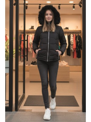 1Tarz Günlük Kürklü Kadın Şişme Kadın Mont