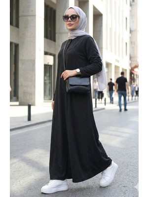 Örme Kumaş Kışlık Düğme Detaylı Tesettür Elbise 2184-01 Siyah