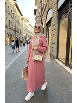 Büzgü Detaylı Piliseli Tesettür Elbise 2187-01 Pudra