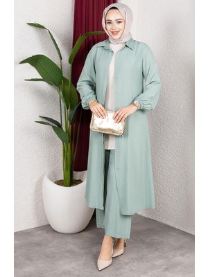 Viskon Belmando Kumaş Tunik Pantolon Ikili Takım 0340-09 Mint Yeşili