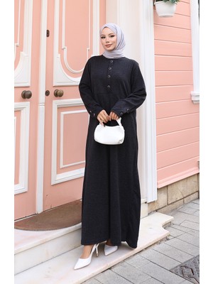 Örme Kumaş Kışlık Düğme Detaylı Tesettür Elbise 2180-04 Siyah