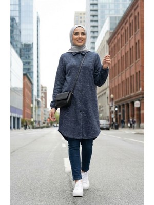 Gömlek Yaka Boydan Düğmeli Kışlık Tunik 2501A-02 Indigo