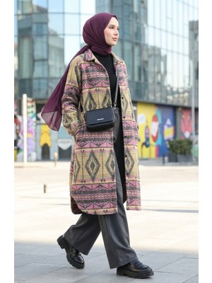 Etnik Desenli Düğmeli Mevsimlik Kap 2500-02 Gül Kurusu Sarı