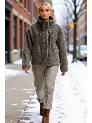 Benerly Kadın Dik Yaka Düşük Kol Fermuarlı Peluş Ceket %100 Polyester Fonksiyonel Dayanıklı Modern