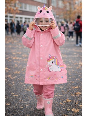 Katia & Bony Kız Çocuk Unicorn Desenli Şapkalı Yağmurluk Pembe