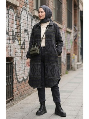 Etnik Desenli Düğmeli Mevsimlik Kap 2500-05 Haki Antrasit