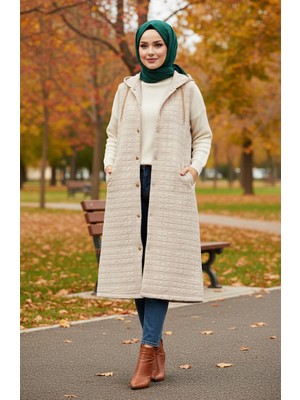Kapüşonlu Düğmeli Dikişli Kapitone Yelek 51340A-01 Bej