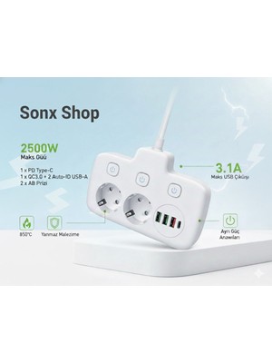 Tedaks 2500W Güçlü Akım Korumalı 3 USB + Type-C Portlu Çoklu Priz | Hızlı Şarj, Çocuk Kilidi, 850°C Yanmaz Malzeme