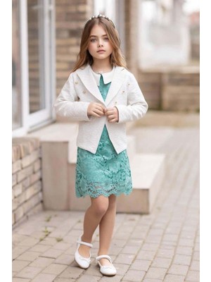 Riccotarz Kız Çocuk Bebe Yaka Üzeri Boydan Dantel Işlemeli Gold Düğme Detaylı Blazer Ceketli Turkuaz Elbise