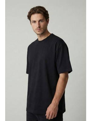 Allunique Erkek Pamuklu Bisiklet Yaka Kalın Kumaş Basic Siyah T-Shirt / Geniş Kesim