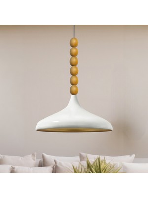 Bamyum Beyaz Ahşap Altı Boncuklu Tekli Avize Sarkıt Salon Mutfak Butik Lamba