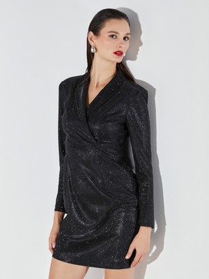 Soulife Kruvaze Yaka Parlak Dokulu Mini Elbise