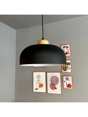 Bamyum Siyah Rocha Metal Avize Geniş Ahşap Başlık Salon Masaüstü Mutfak Otel Tekli Avize Lamba Aydınlatma