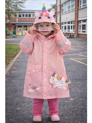 Kız Çocuk Unicorn ve Gökkuşağı Desenli Şapkalı Yağmurluk Pembe