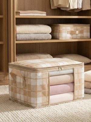 Nacarev Küçük Boy Pencereli Kare Desenli Ekose Bej Dolap Içi Baza Altı Valiz Içi Düzenleyici Hurç 40X30X20 cm