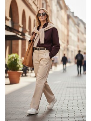 Lela Pamuklu Relaxed Fit Geniş Paça Dikiş Detaylı Kemerli Pantolon Bayan Pantolon 68351208