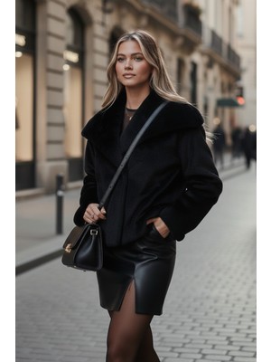 Lela Oversize Geniş Yaka Çıtçıt Düğmeli Astarlı Peluş Mont Bayan Mont 6839623