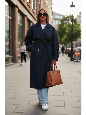 Lela Pamuklu Oversize Kruvaze Yaka Düğmeli Uzun Trençkot Bayan Trençkot 6839605