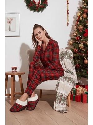 Lela Desenli Beli Lastikli Gömlek Yaka Dokuma Pijama Takımı Bayan Pijama Takımı 6095660W4