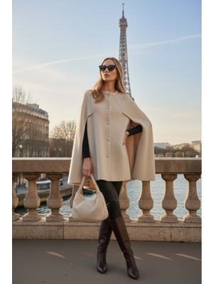 Lela Oversize Fit Bisiklet Yaka Pelerin Kol Düğmeli Panço Bayan Panço 4617015