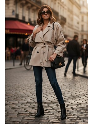 Lela Relaxed Fit Kruvaze Yaka Düğmeli Astarlı Trençkot Bayan Trençkot 6839580