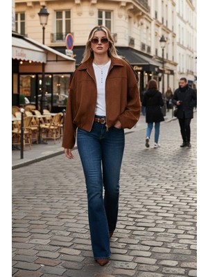 Lela Oversize Klasik Yaka Fermuarlı Süet Dokulu Bomber Ceket Bayan Ceket 6839635