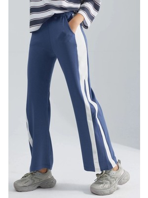 Hiccup Kadın Modal Dokulu Şerit Detaylı Pantolon Berşan Collection Peygamber Çiçeği Mavisi