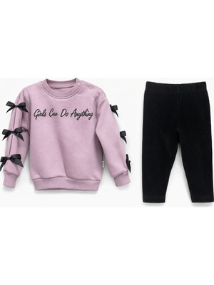 Joy Kids Kız Bebek Kollar Kurdele Detaylı Alt Kadife 3 Iplik Şardonlu Takım (Lila)