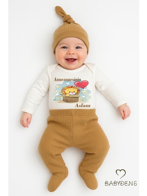 Babyden's Anneannesinin Aslanı Yazılı 3’lü Bebek Takımı Uzun Kol Çıtçıtlı Zıbın, Ribana Patikli Pantolon,şapka