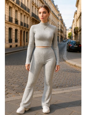 Cotton Lab Cottonlab Kadın Uzun Kollu Balıkçı Yaka Krop ve Pantolon Şardonlu Kaşkorse Ikili Takım