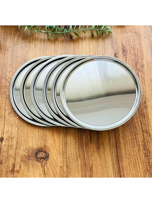 Maglor 6 Adet Gümüş Paslanmaz Çelik Yuvarlak Çay,kahve,pasta Servis Tepsisi Sunum Tepsisi 21 cm