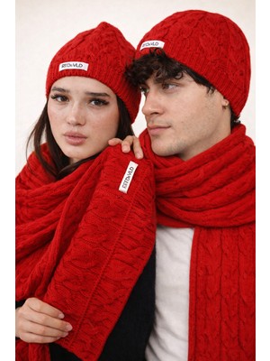 Rtd&vld Unisex VITA-262 Sano Örgü Desen Triko Atkı-Bere Takım  Kırmızı