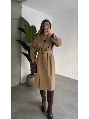Asfa Moda Sütlü Kahverengi Kruvaze Oversize Premium Kalite Kuşaklı Tam Boy Uzun Kaşe Mont
