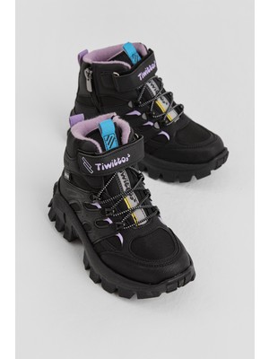 Tonny Black Çocuk Unisex Siyah Lila Kalın Kauçuk Taban Lastik Bağcıklı Cırtlı Outdoor Trekking Bot