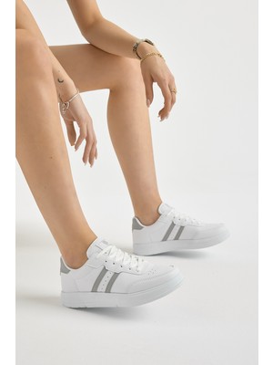 Tonny Black Unisex Beyaz Gri Kalın Faylon Hafif Taban Şeritli Bağcıklı Spor Ayakkabı