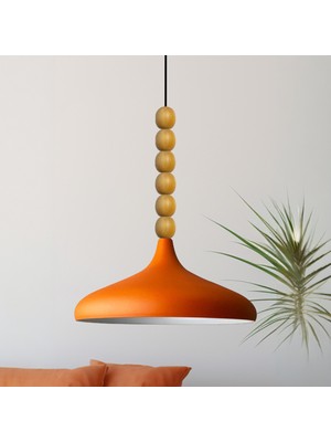 Bamyum Turuncu Ahşap Altı Boncuklu Tekli Avize Sarkıt Salon Mutfak Butik Lamba