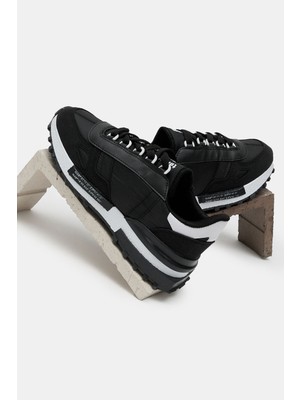 Tonny Black Unisex Siyah Beyaz Kalın Termo Taban Yazı Detaylı Retro Stil Günlük Spor Ayakkabı