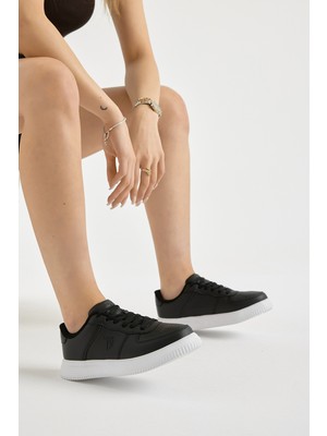 Tonny Black Kadın Siyah Beyaz Kalın Faylon Taban Düz Desenli Bağcıklı Spor Ayakkabı