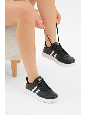 Tonny Black Unisex Siyah Beyaz Kalın Faylon Hafif Taban Şeritli Bağcıklı Spor Ayakkabı