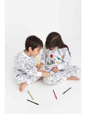 Tarık Unısex Çocuk Uzun Kollu Bisiklet Yaka Pijama Takımı-Boyama Kalemli