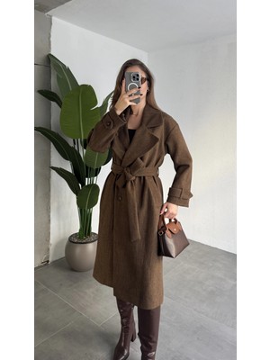 Asfa Moda Kahve Melanj Kruvaze Oversize Premium Kalite Kuşaklı Tam Boy Uzun Kaşe Mont