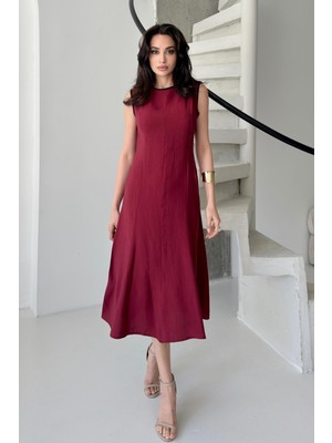 Serica Moda Bordo Bisiklet Yaka Midi Kolsuz Midi Elbise