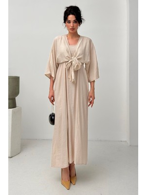 Serica Moda Bej Bağlama Detaylı Elbise Takım