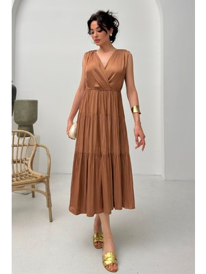 Serica Moda Kahve Kruvaze Fırfır Detaylı Kolsuz Midi Elbise